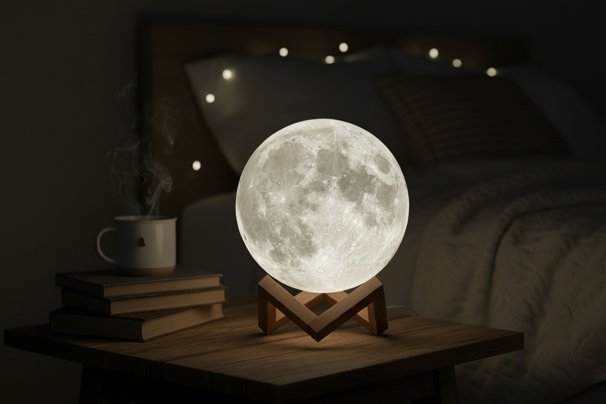 Moon lamp on a wooden stand with books and a mug in a dimly lit room.