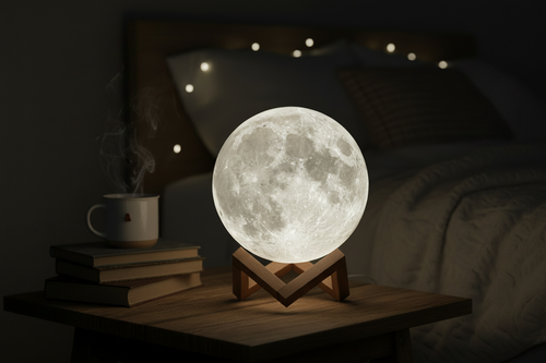Moon lamp on a wooden stand with books and a mug in a dimly lit room.